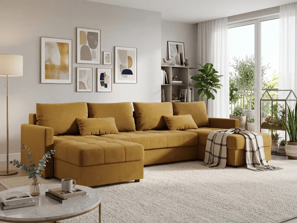 U alakú kihúzható ülőgarnitúra VENORIA 285x146 cm, mustárszín + 2 párna AJÁNDÉKBA