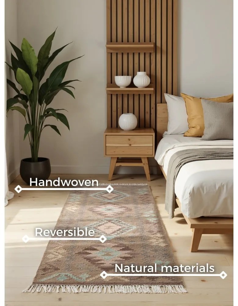 Világoskék-bézs kétoldalas kézi szövésű gyapjú futószőnyeg 60x190 cm Kamal Dune – Nouristan