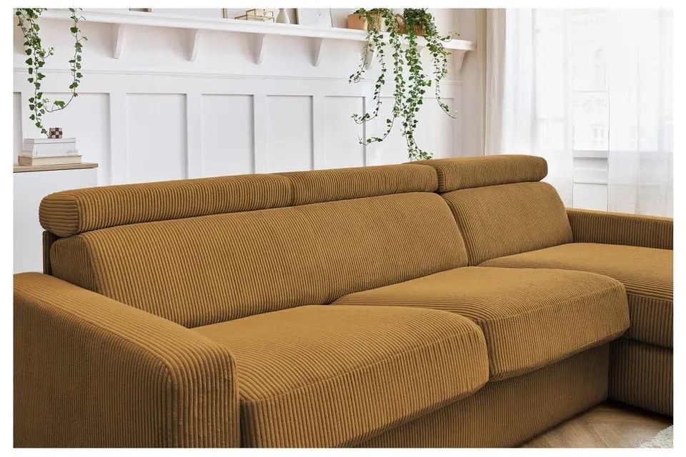 Mustársárga kordbársony kinyitható sarokkanapé (variálható) Monaco – Bobochic Paris