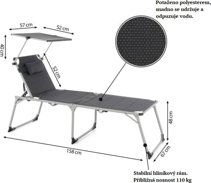 GARTHEN Összecsukható kerti nyugágy tetővel XXL