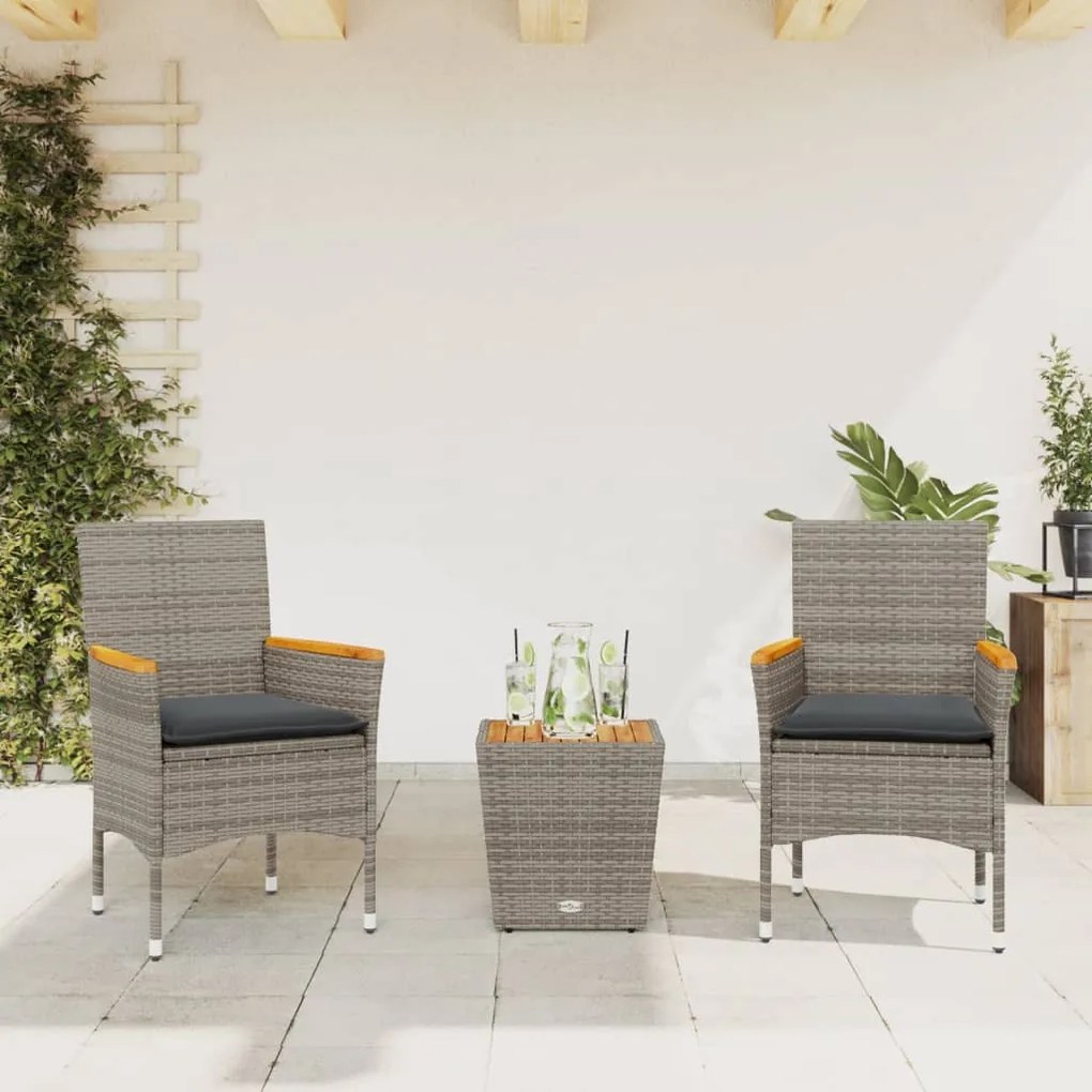 3 részes szürke polyrattan/üveg bisztrógarnitúra párnákkal