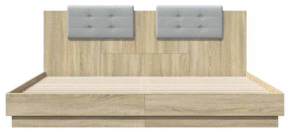 sonoma tölgy színű ágykeret fejtámlával és LED-ekkel 200x200 cm