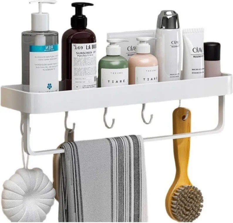 Fehér Fürdőszobai Zuhanypolc Akasztós öntapadós+lyukacsos 40cm