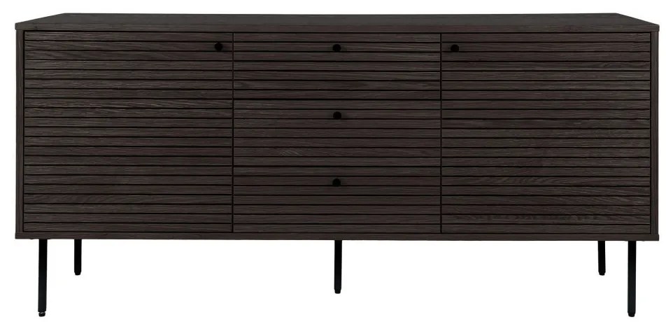 Kyoto komód 3 fiókkal, 2 ajtóval, tölgyfa furnér, füstölt, fekete fém lábakkal, 150x40x74 cm