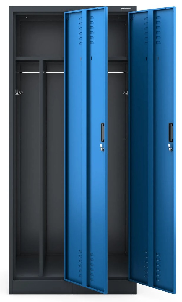 Pléh öltözőszekrény talpazaton, kétmodulos, polccal és köztes fallal KACPER, 800 x 1800 x 500 mm, antracit-kék