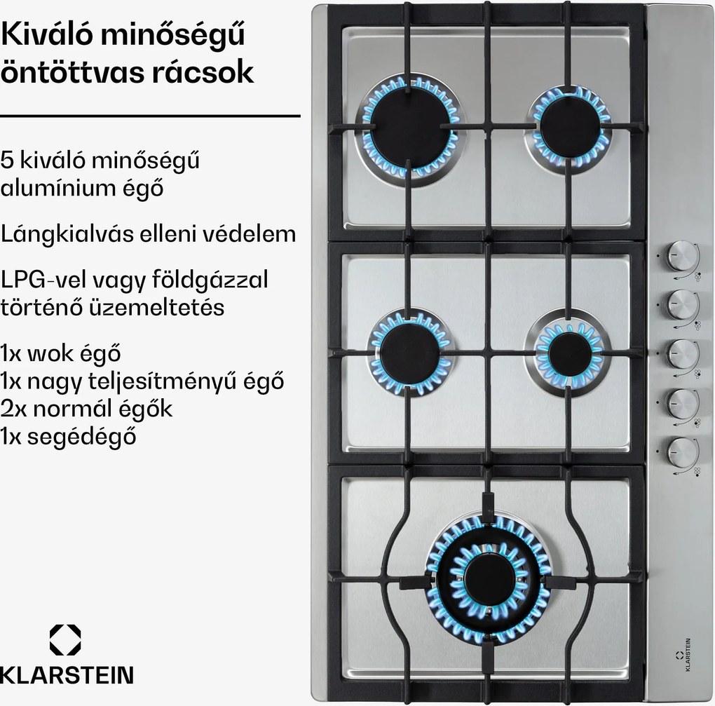 Klarstein Ignito Chef Edition, 5 zóna, gáz főzőlap, 5 égő, Sabaf égők, üvegkerámia felület