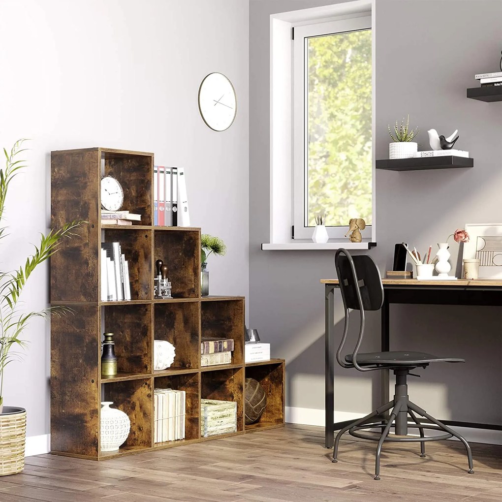 Könyvespolc, 10 kockás tároló, 129,5 x 29 x 129,5 cm, rusztikus barna