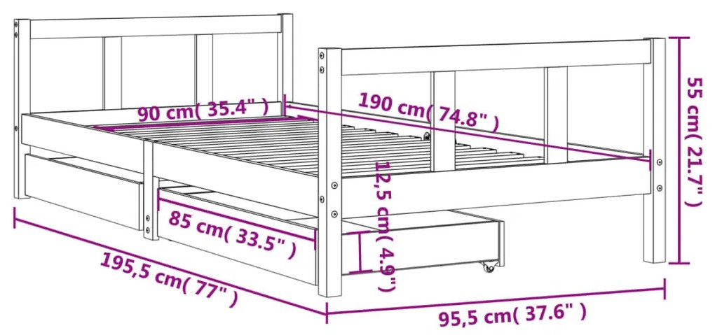 fehér tömör fenyőfa gyerekágy keret fiókkal 90x190 cm
