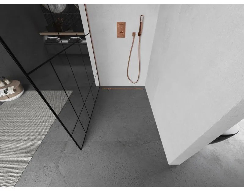 Mexen Kioto, Walk-In zuhany paraván 70 x 200 cm, 8 mm átlátszó üveg fekete mintás, réz matt profil, 800-070-101-65-78