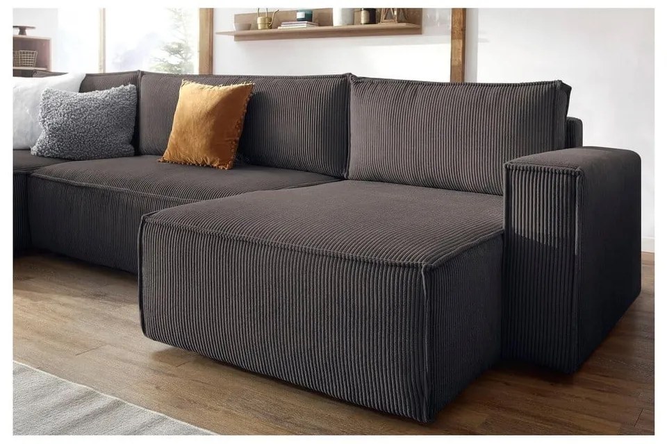 Szürkésbarna kordbársony kinyitható (U alakú) sarokkanapé Nihad – Bobochic Paris