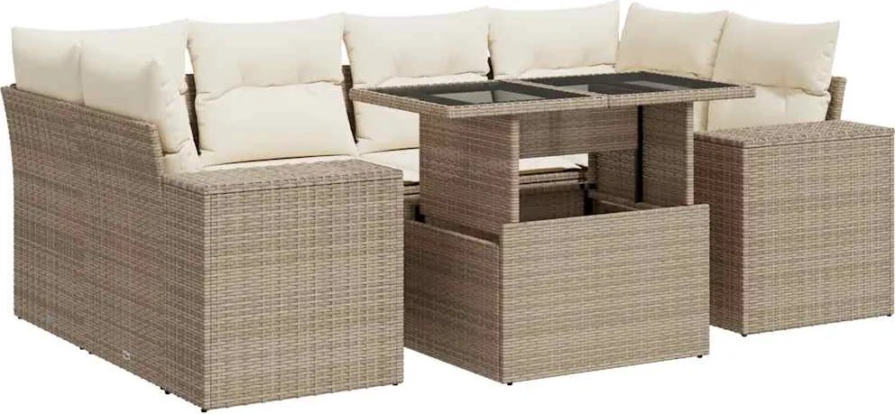 vidaXL 7 részes bézs polyrattan kerti ülőgarnitúra párnákkal