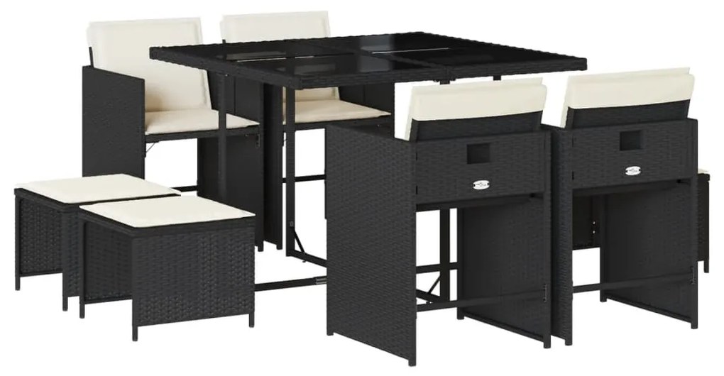 9 részes fekete polyrattan kerti étkezőgarnitúra párnákkal