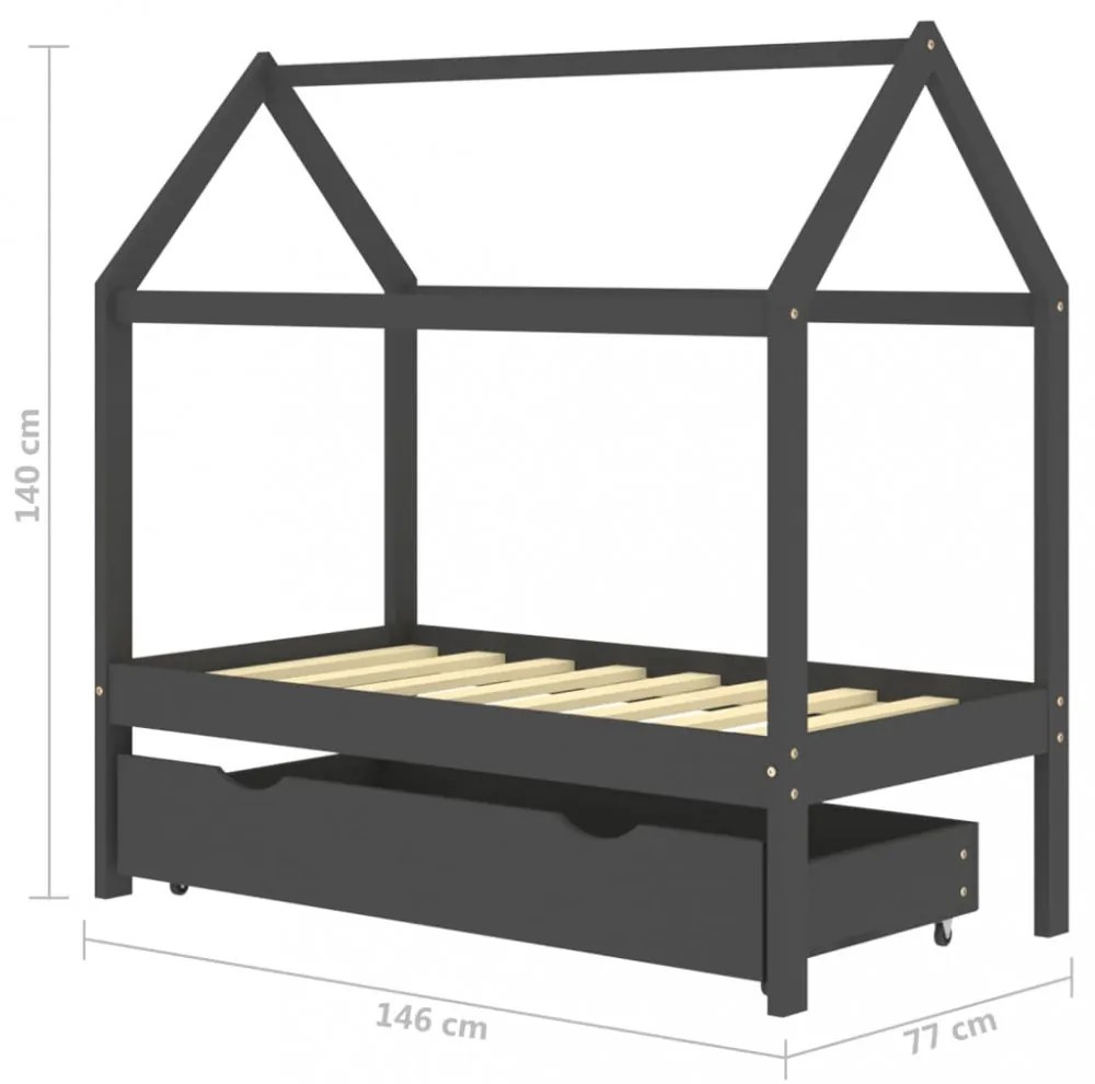 sötétszürke tömör fenyőfa gyerekágykeret fiókkal 70 x 140 cm