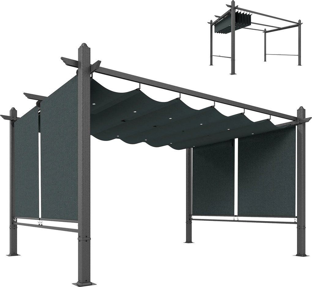 Outsunny 4 x 3 m kihúzható kerti pergola, 4 automata feltekerhető függönnyel, UV50+, alumínium váz, beépített vízelvezetés — sötétszürke | Aosom
