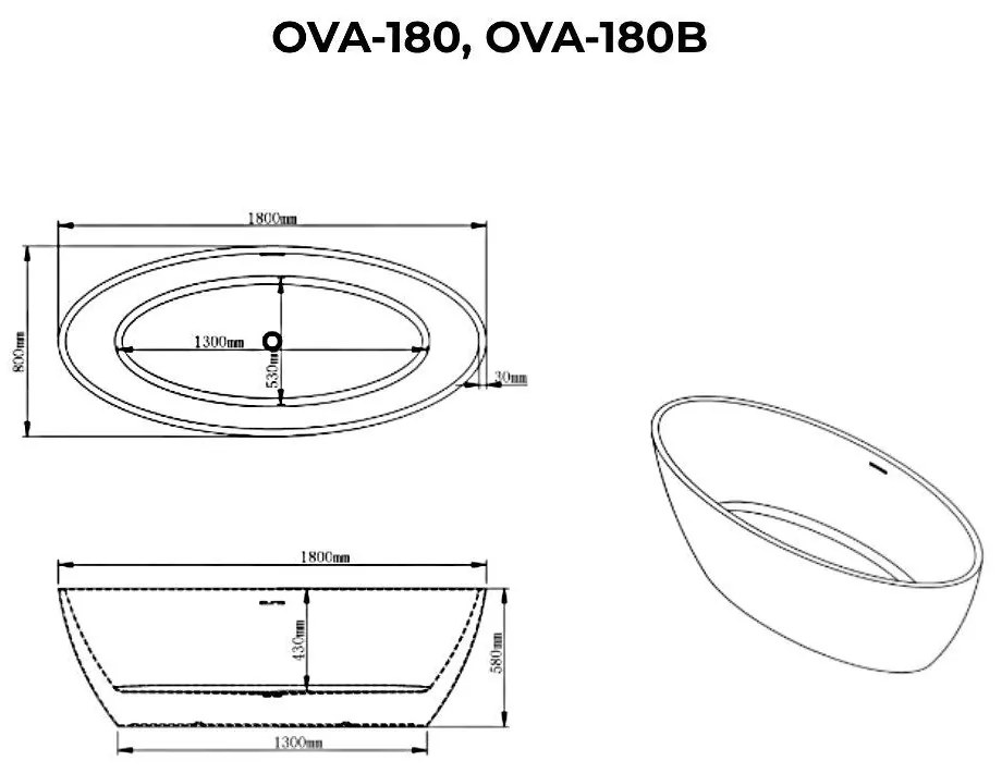OVAL szabadon álló fürdőkád, fekete-fehér, 180x80x58 cm