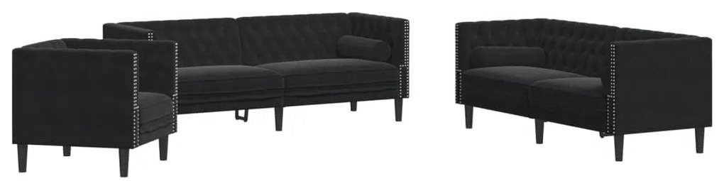 3 részes fekete bársony Chesterfield kanapészett párnákkal