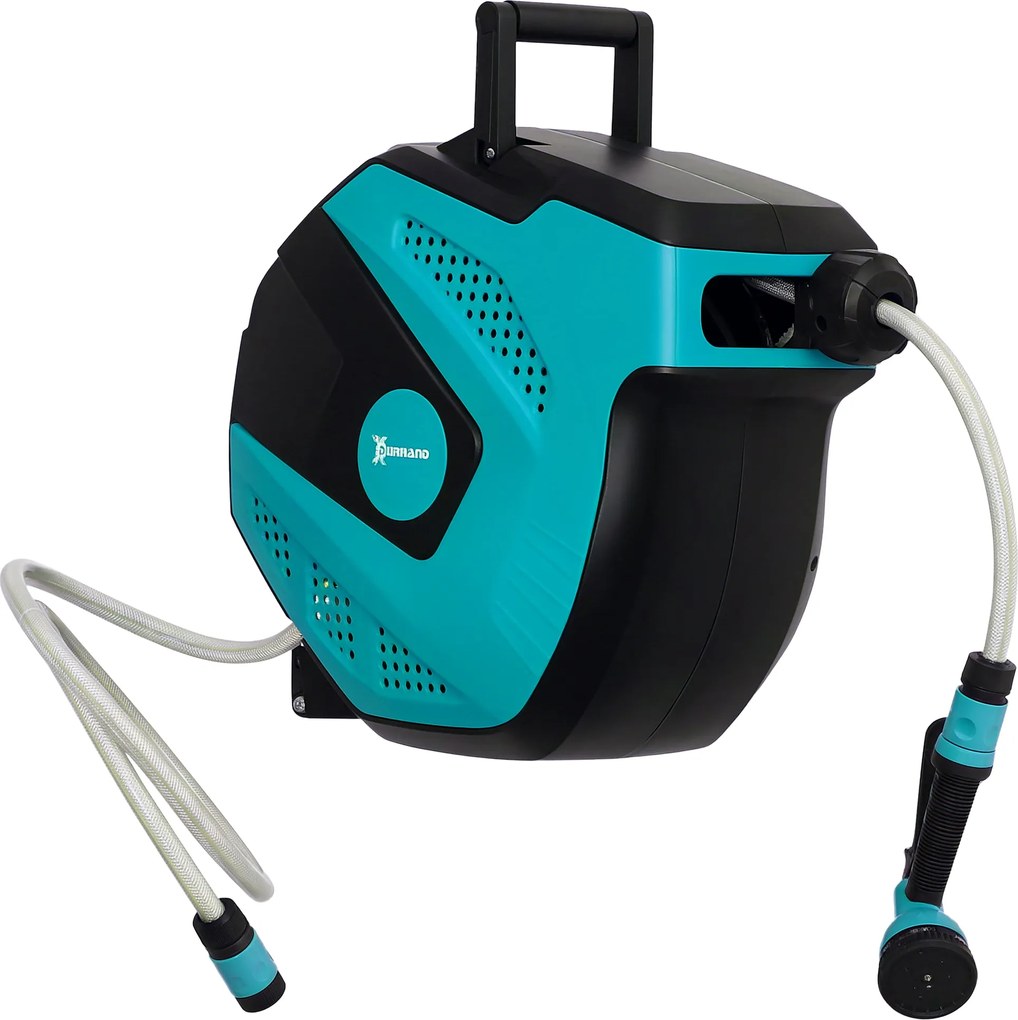 DURHAND Falra Szerelhető Kerticső Dob 180°-os Forgással és Többfunkciós Permetező Pisztollyal, Fagyvédő -5–45 °C Műanyag Zöld + Fekete 15 m | Aosom