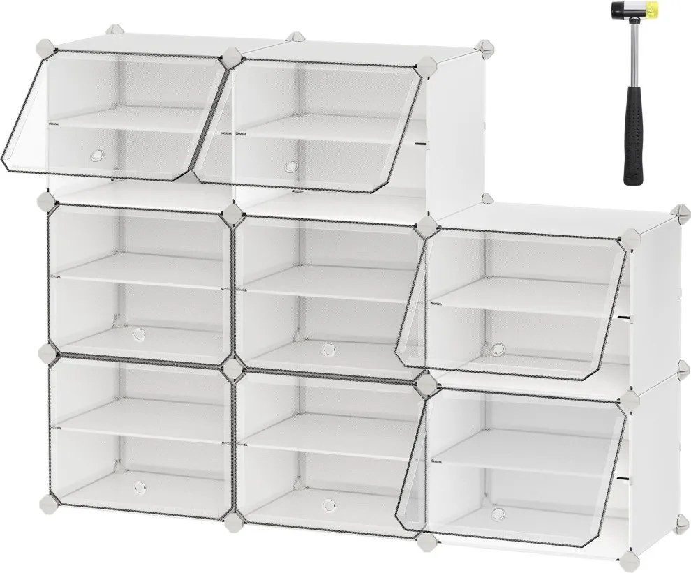 Cipőtartó, 8 rekeszes, ajtókkal, 32 pár cipőhöz, acélkeret, műanyag panel, fehér