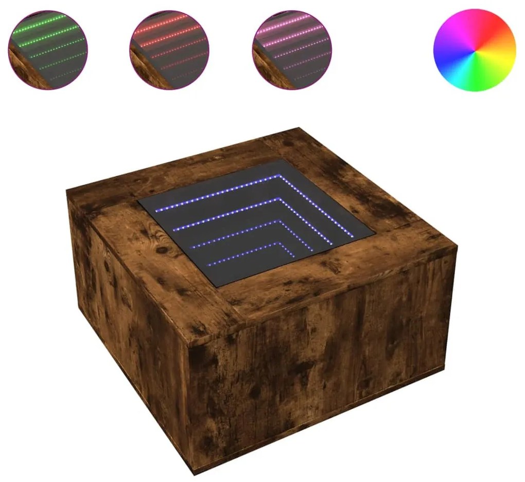 Füstös tölgy szerelt fa dohányzóasztal LED-del 60 x 60 x 40 cm