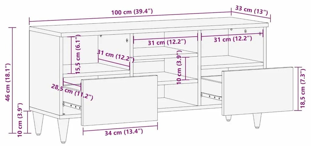 TV szekrény Fekete és Arany 100 x 33 x 46 cm tömör mangófa