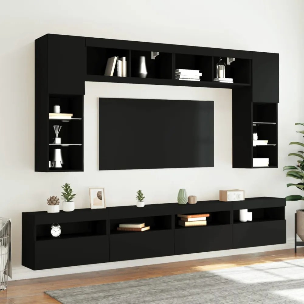 2 db fekete fali TV-szekrény LED-világítással 60x30x40 cm