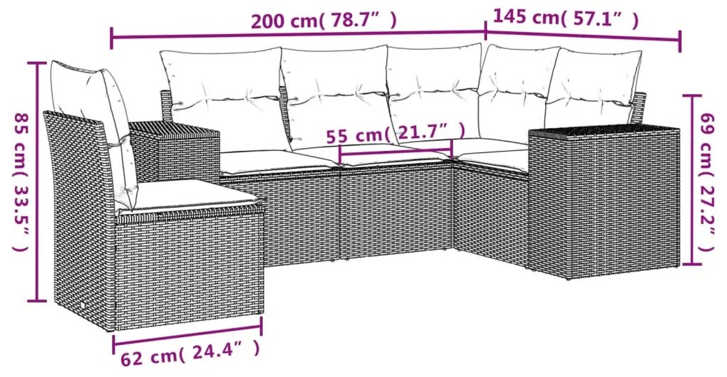 5 részes szürke polyrattan kerti ülőgarnitúra párnákkal