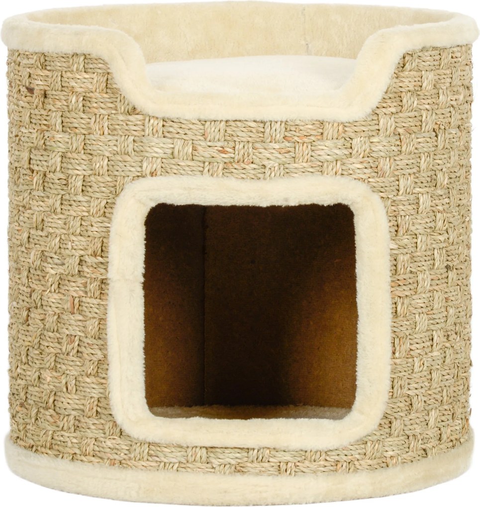 PawHut Kaparófa, 37 cm Magas Macska Henger, Macska Bújóhely Ajtóval, Macska Ház, Kaparófa 2 Szinten, Macska Torony, Macska Ágy Zsineggel, 5 kg-ig | Ao