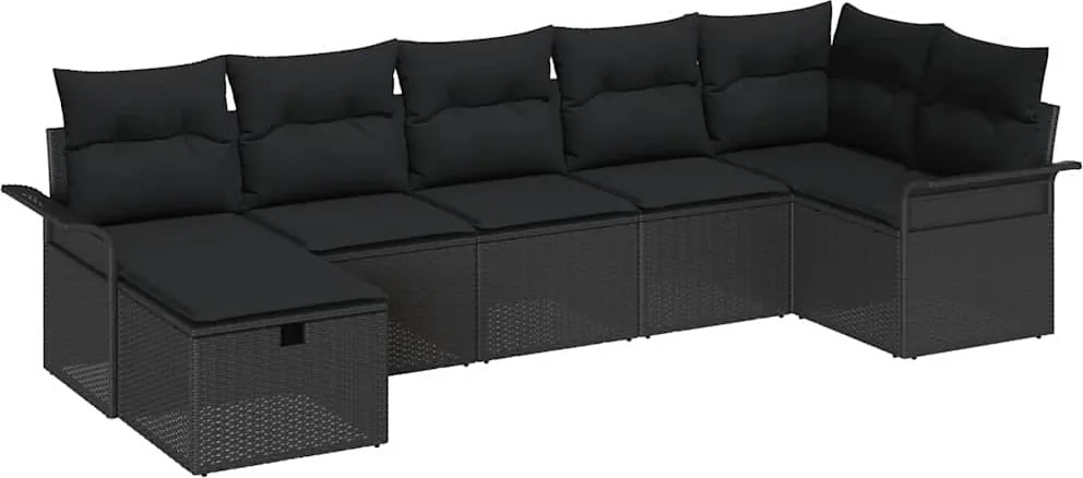 vidaXL Kerti Kanapé Szett párnával tárolóval 7 pcs Fekete Poli rattan