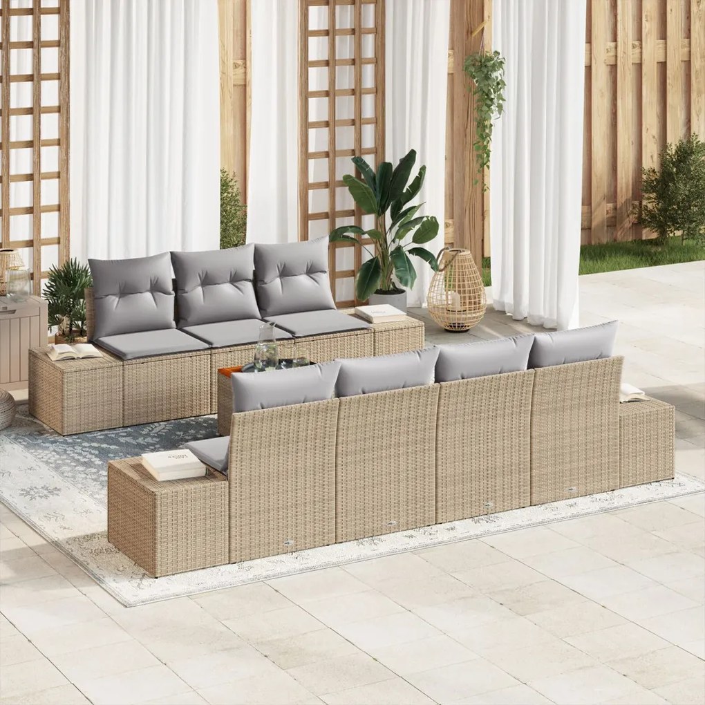 8 Darabos Kerti Sofa Szett Párnákkal Bézs Poli Rattan Akáciával