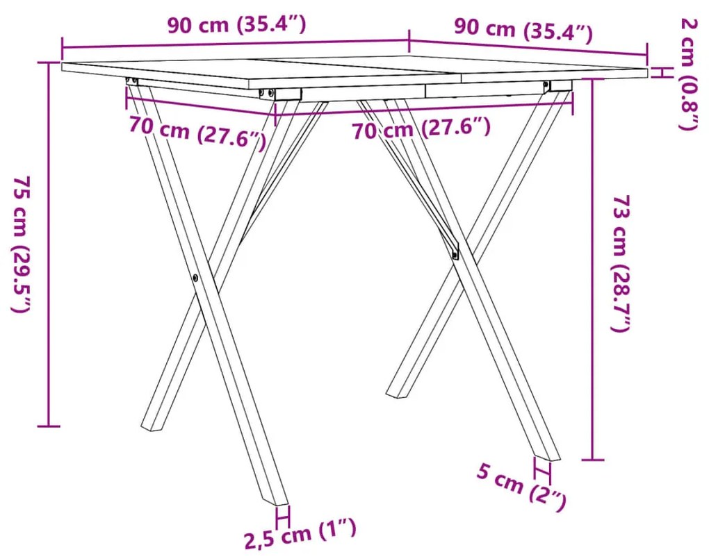 tömör fenyőfa és öntöttvas étkezőasztal X-vázzal 90x90x75 cm