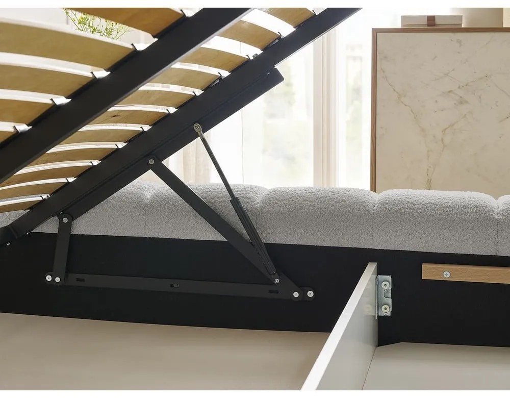 Világosszürke kárpitozott ágyneműtartós franciaágy ágyráccsal 160x200 cm Mont Blanc – Bobochic Paris