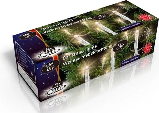 Karácsonyi beltéri fényfüzér 56x Led fehér, 3x Aa, hossza 6,5 m