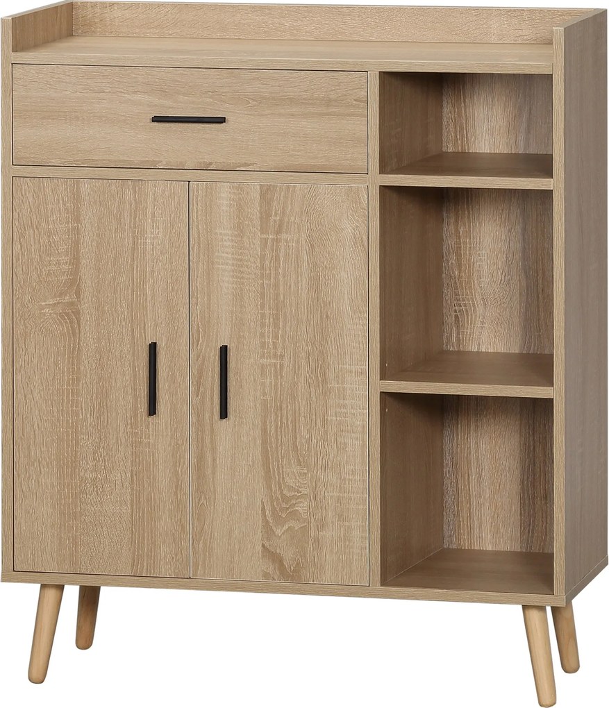 HOMCOM Modern Nappali Vitrineszekrény 2 Ajtóval, 1 Fiókkal és 3 Nyitott Polccal, Tárolóegység Konyhába, Hálószobába és Előszobába, Antikibillentési Re