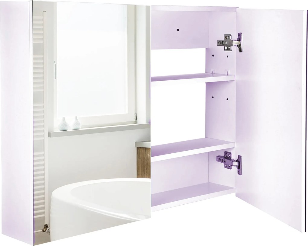 HOMCOM Fürdőszobai Szekrény Tükörrel 2 Ajtós Szekrény 3 Belső Polccal Modern Stílusban 80x15x60 cm Világos Lila | Aosom