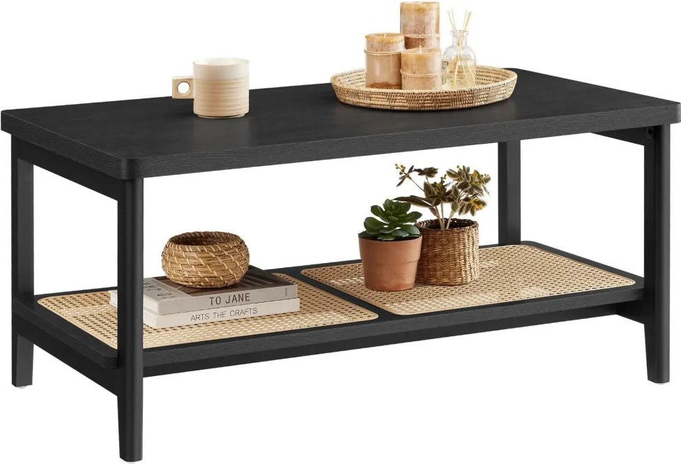 Dohányzóasztal, műrattan tárolópolc, lekerekített sarkok, fekete kőris 100x55x45cm