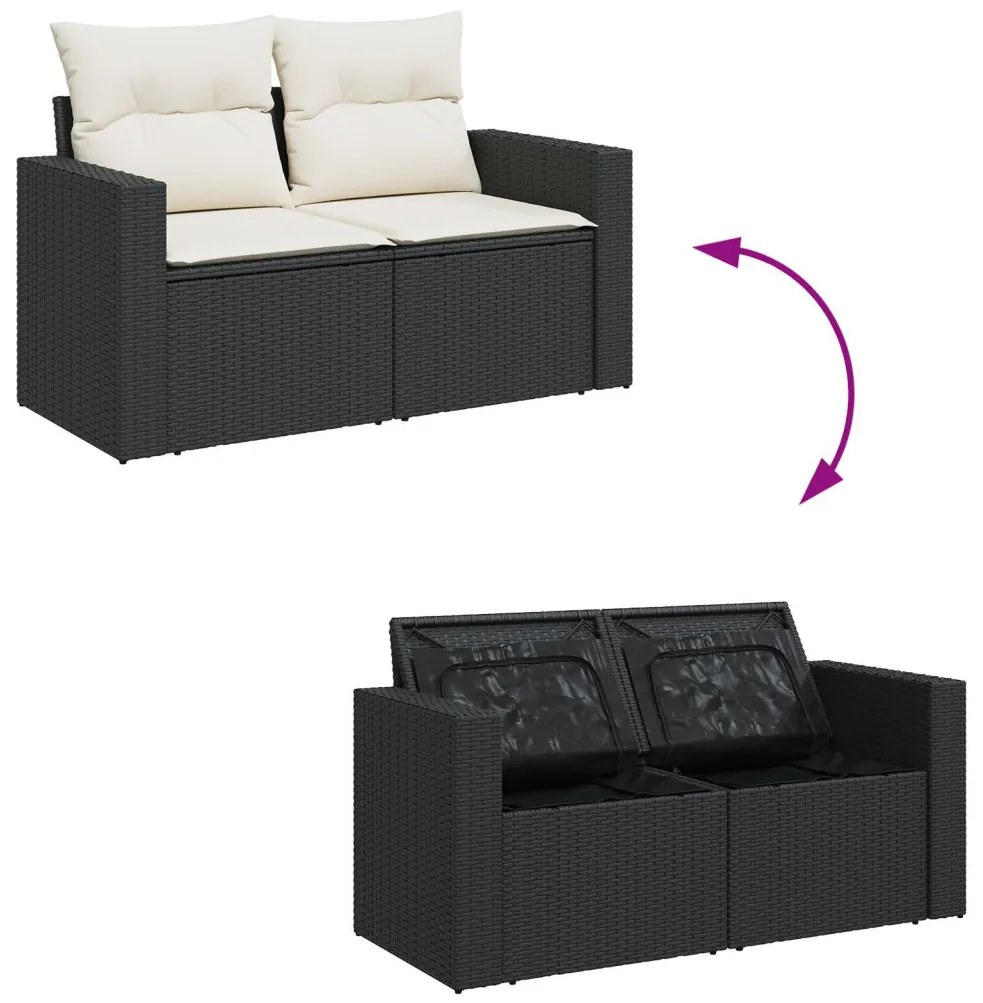 9 részes kert kanapé szett párnás, fekete, poli rattan akác, 3 részes kert étkező szett párnás, fekete, poli rattan akác