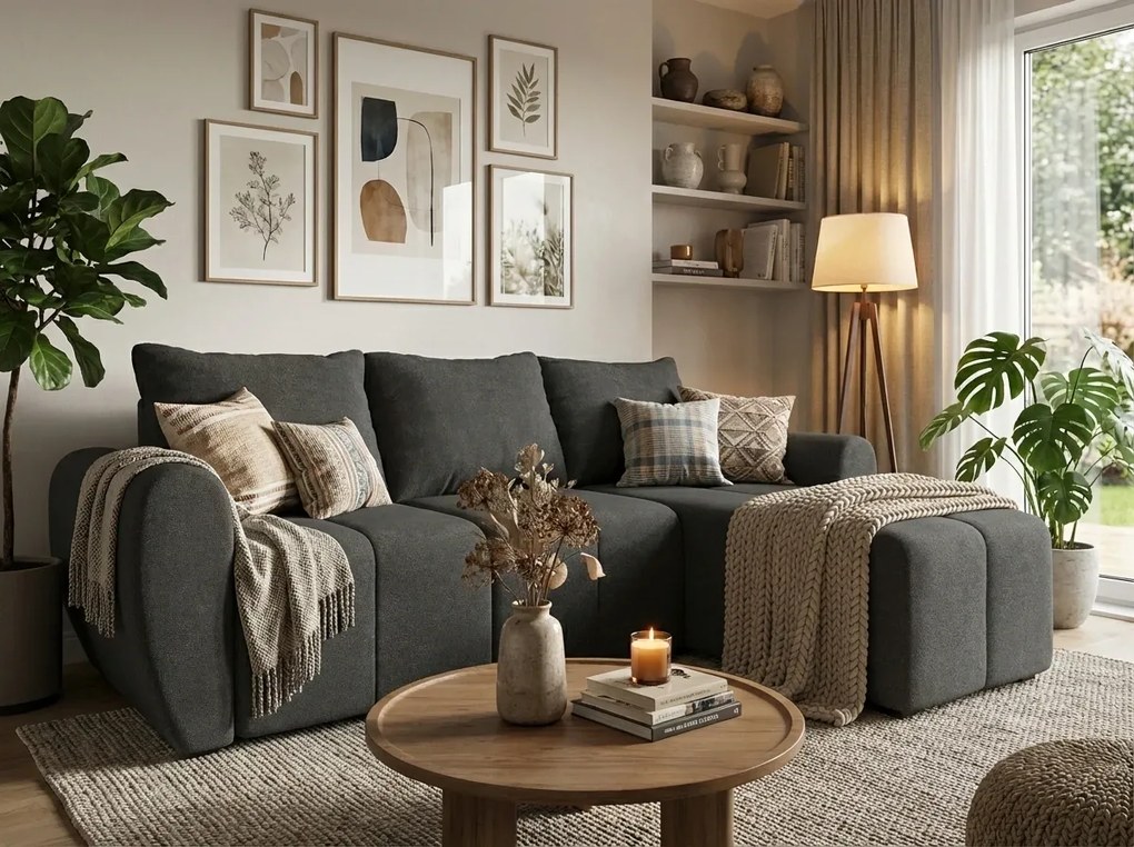 L alakú, kétoldalas kihúzható ülőgarnitúra SEVIO 246x145 cm, sötétszürke + 2 párnácska INGYEN