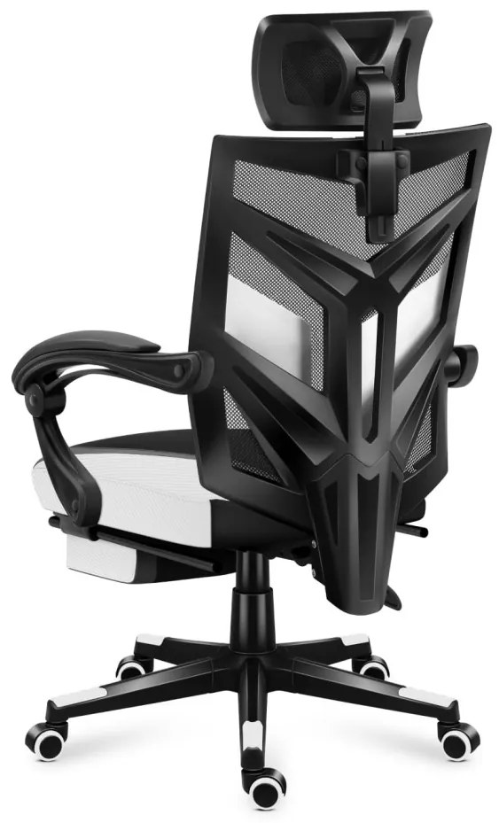 Gamer szék ergonomikus lábtartóval, fekvőtámasz , fekete-fehér.