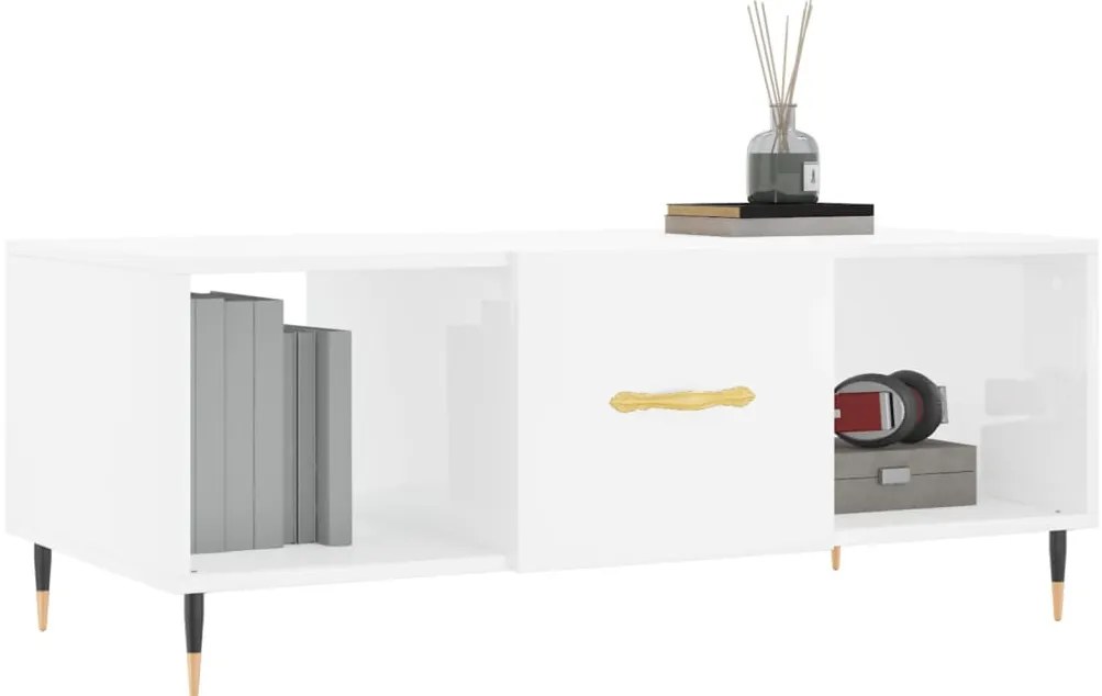 Magasfényű fehér szerelt fa dohányzóasztal 102 x 50 x 40 cm