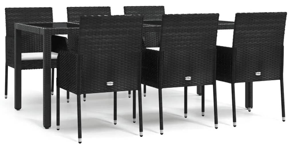 7 részes fekete polyrattan kerti étkezőgarnitúra párnával