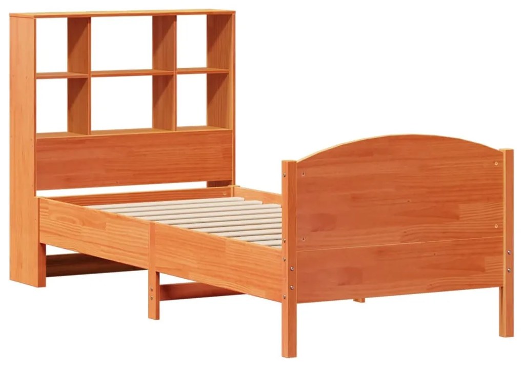 barna tömör fenyőfa könyvespolcos ágy matrac nélkül 100 x 200cm