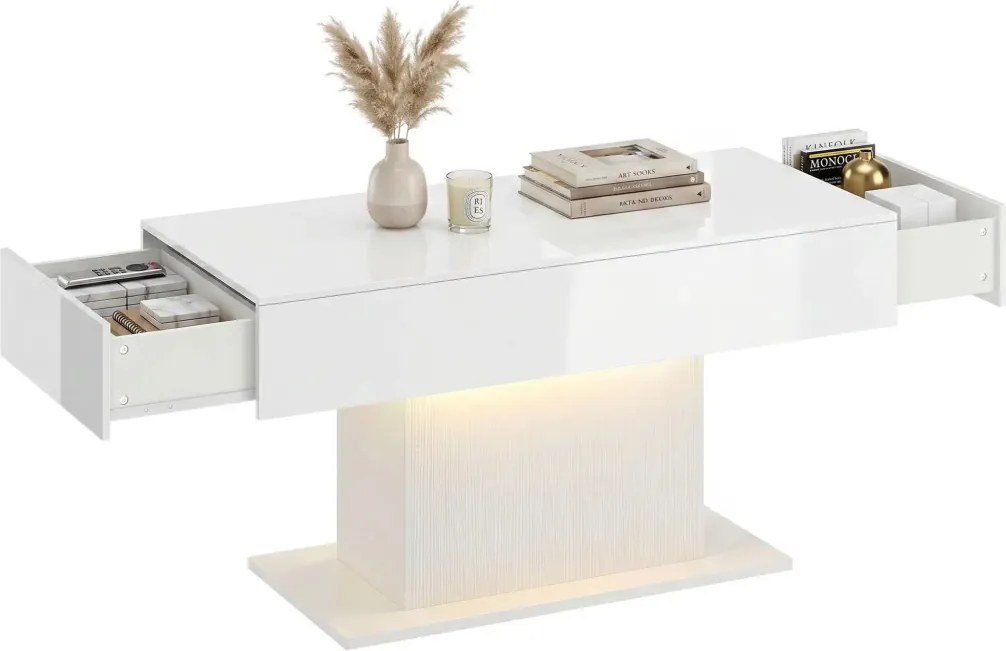 HOMCOM Dohányzóasztal tárolóval, LED magasfényű, modern, 2 fiókkal és távirányítóval, fehér