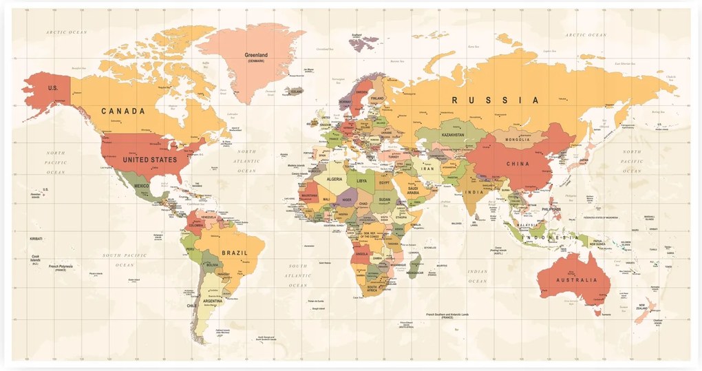 Világtérkép Angol Nyelven poszter 120x63cm Bézs barna #360