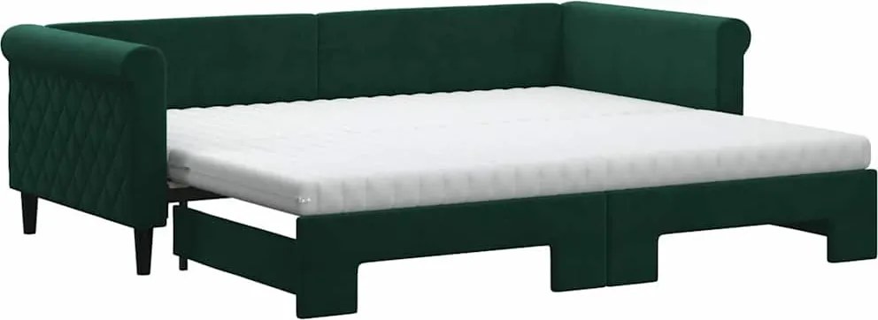 vidaXL sötétzöld kihúzható bársony heverő matraccal 90 x 200 cm