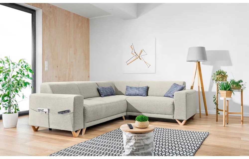 Bézs kinyitható-tárolóhelyes sarokkanapé (jobb oldali-L alakú) Classy Sophie – Miuform