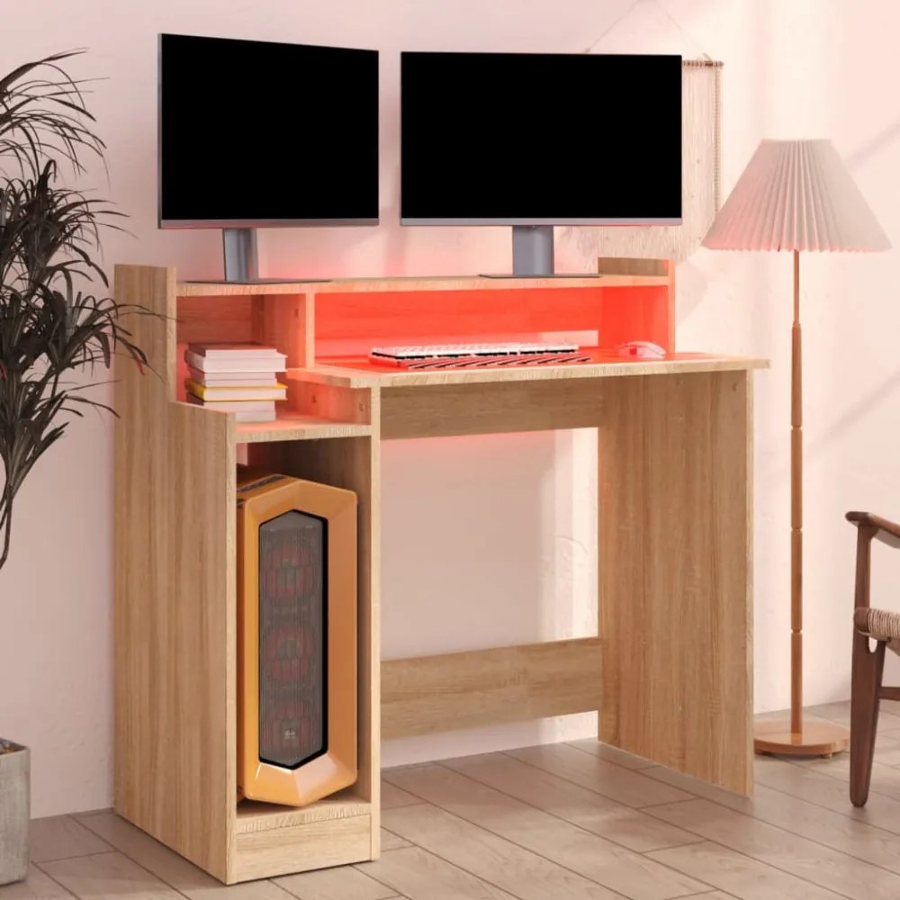 sonoma tölgy színű szerelt fa íróasztal LED-ekkel 97x45x90 cm