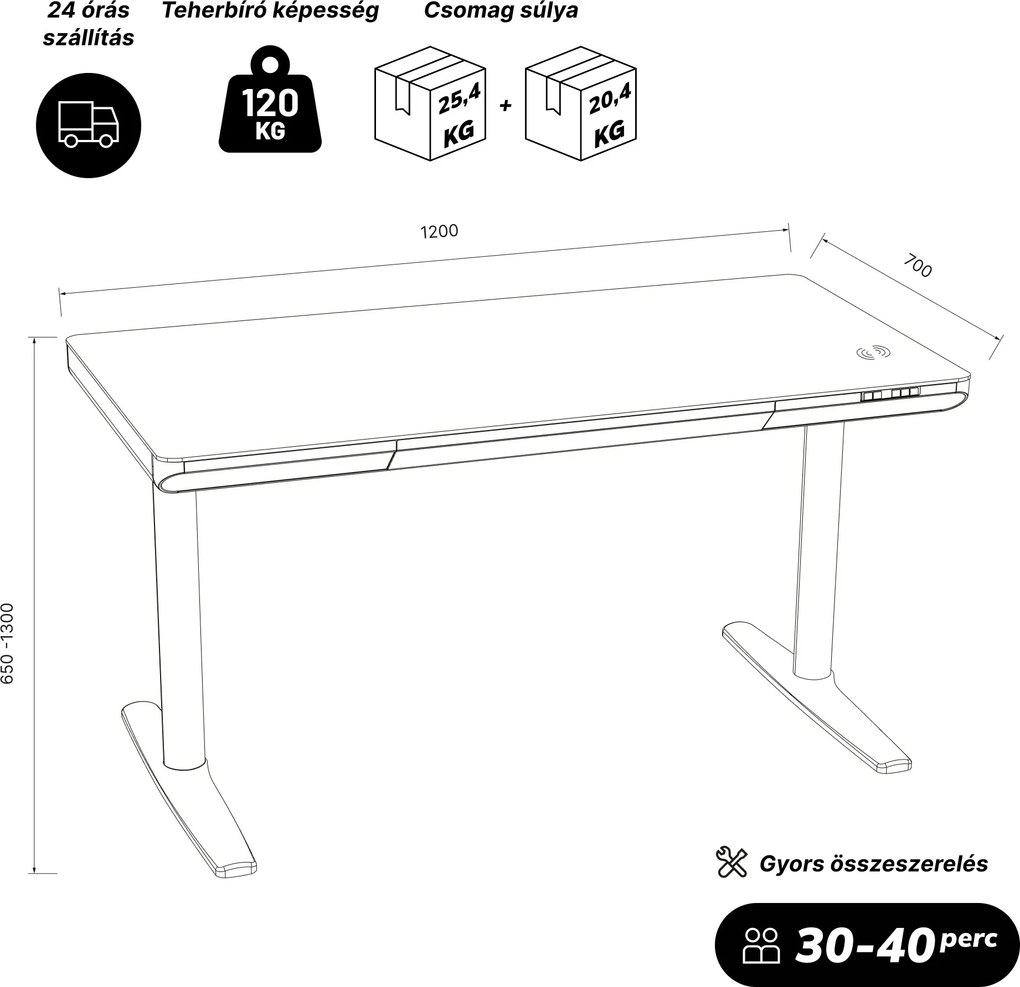 Elektromos ülő-álló íróasztal fiókkal és Qi vezeték nélküli töltővel fekete, 1200 mm: ELLIS