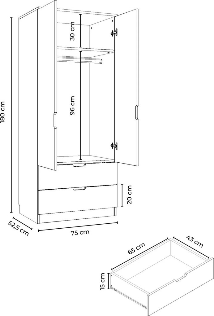 Lento gardróbszekrény, sonoma tölgy-fehér, 75 cm