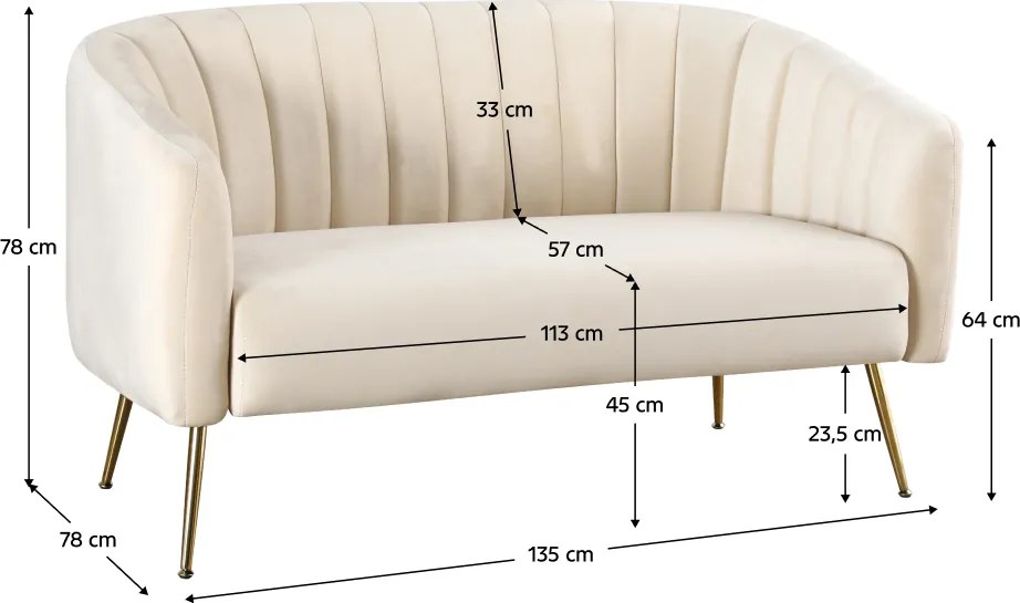 Design kétszemélyes kanapé, bézs Velvet szövet/gold króm-arany, BAGY