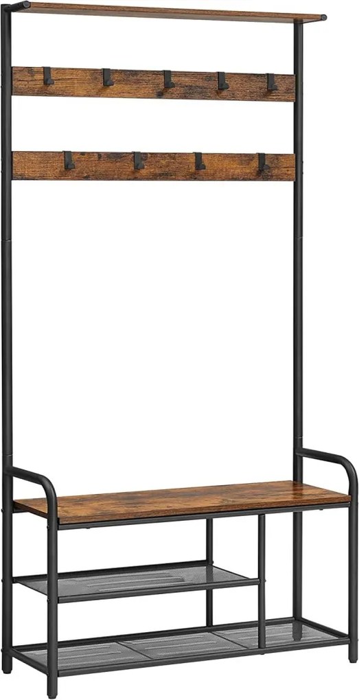 Előszoba fogas polccal, akasztókkal, cipőtartóval és ülőkével, rusztikus barna 85x30x180cm